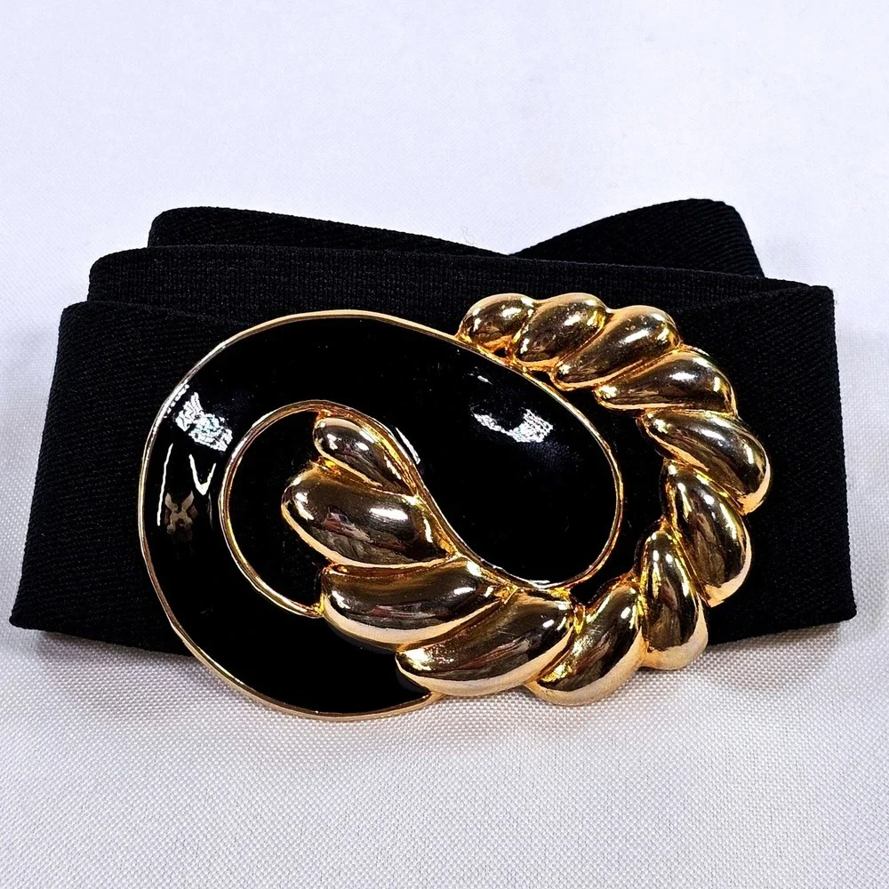 Vintage Black Enamel Gold Tone Twisted Rope Buckle Elastic Cinch Waist Belt